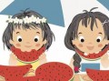 头像女孩吃瓜卡通,趣味横生演绎夏日炎炎